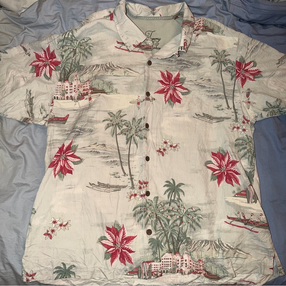 Tommy Bahama Red and Green Hawaiian Holiday Christmas Poinsettia Silk Shirt